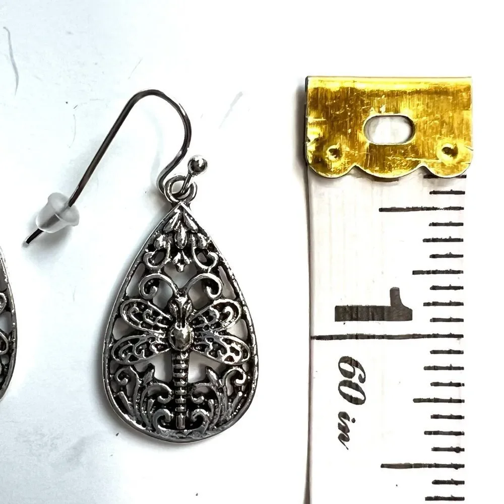 Dragonfly Silver Tone Pierced Teardrop Dangle Nature NWOT Earrings